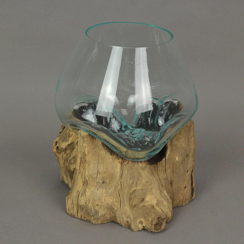 7-Inch Melted Glass and Teak Driftwood Centerpiece Bowl K2558