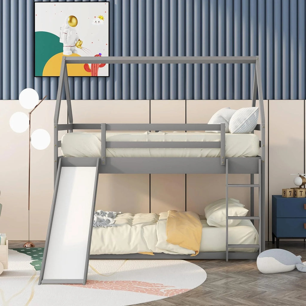 Grey Wood Bunk Bed with Slide and Ladder D358526