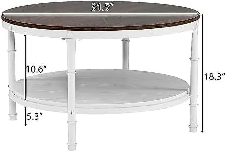 31.5" Rustic Oak White Round 2-Tier Wood Coffee Table Y612