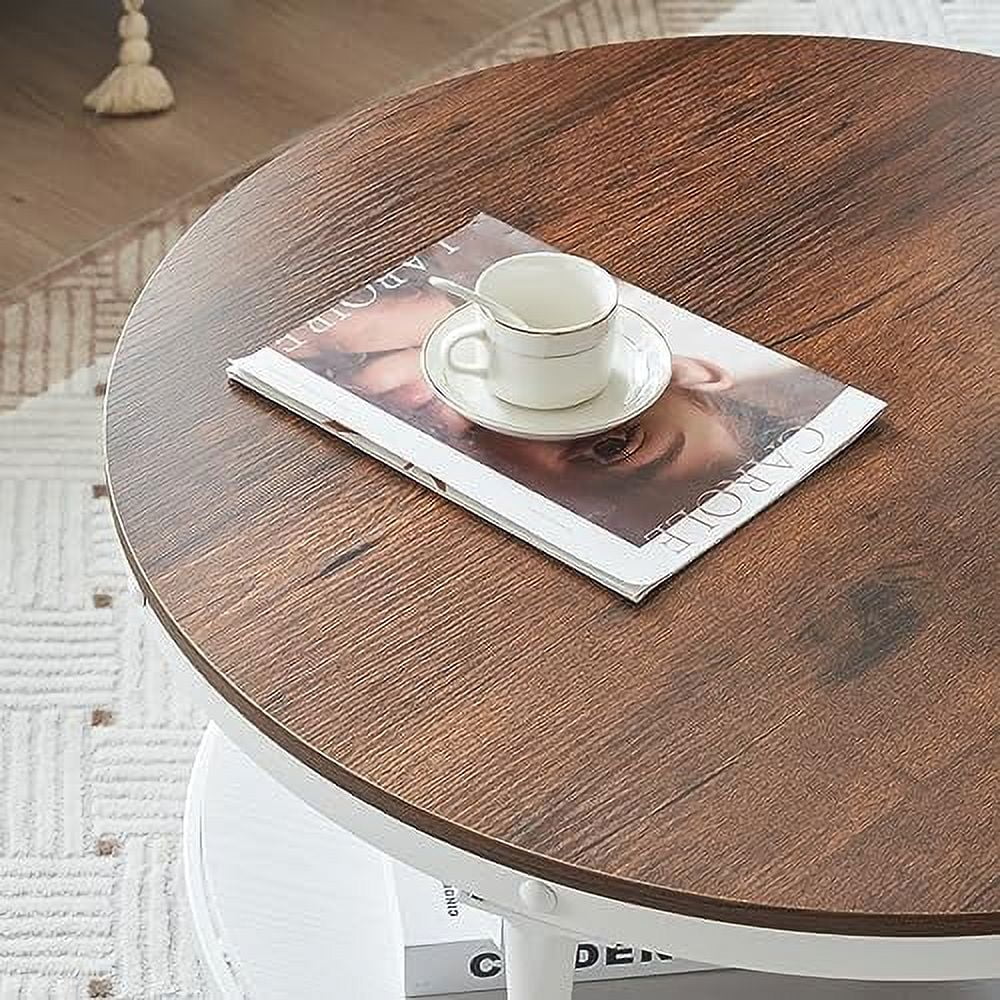 31.5" Rustic Oak White Round 2-Tier Wood Coffee Table Y612