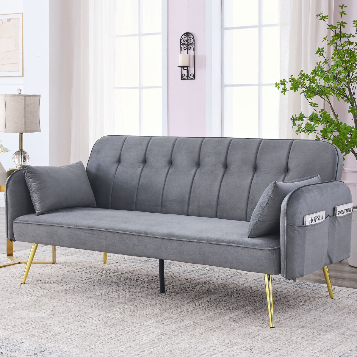 Grey Convertible Velvet Sofa Bed I907885