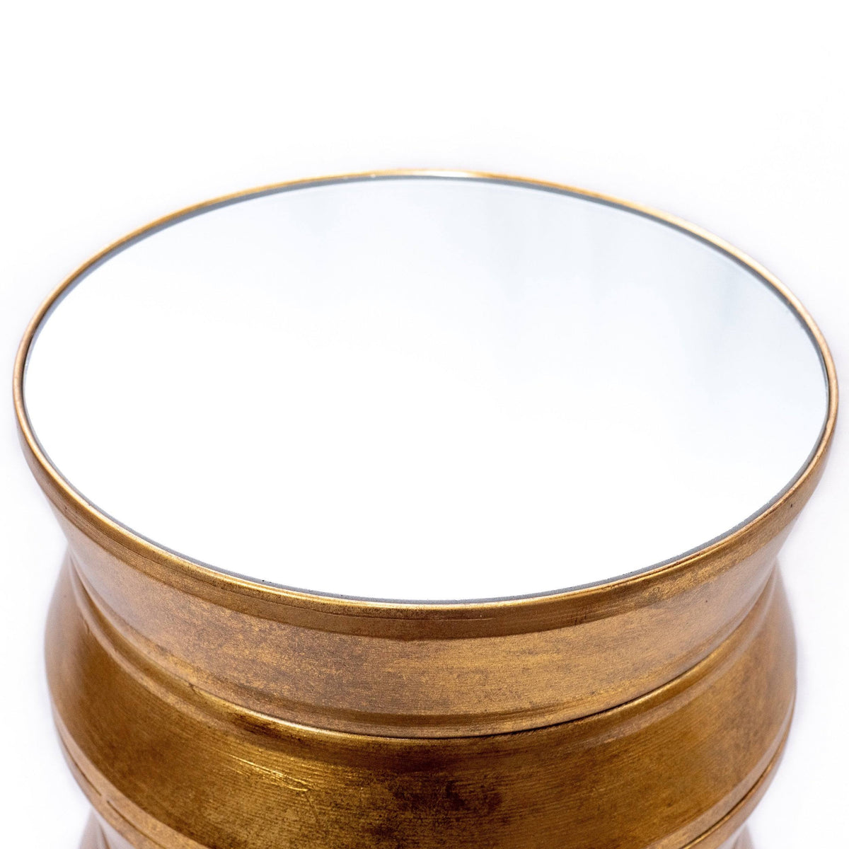 Antique Gold Iron Drum End Table with Glass Top U61421