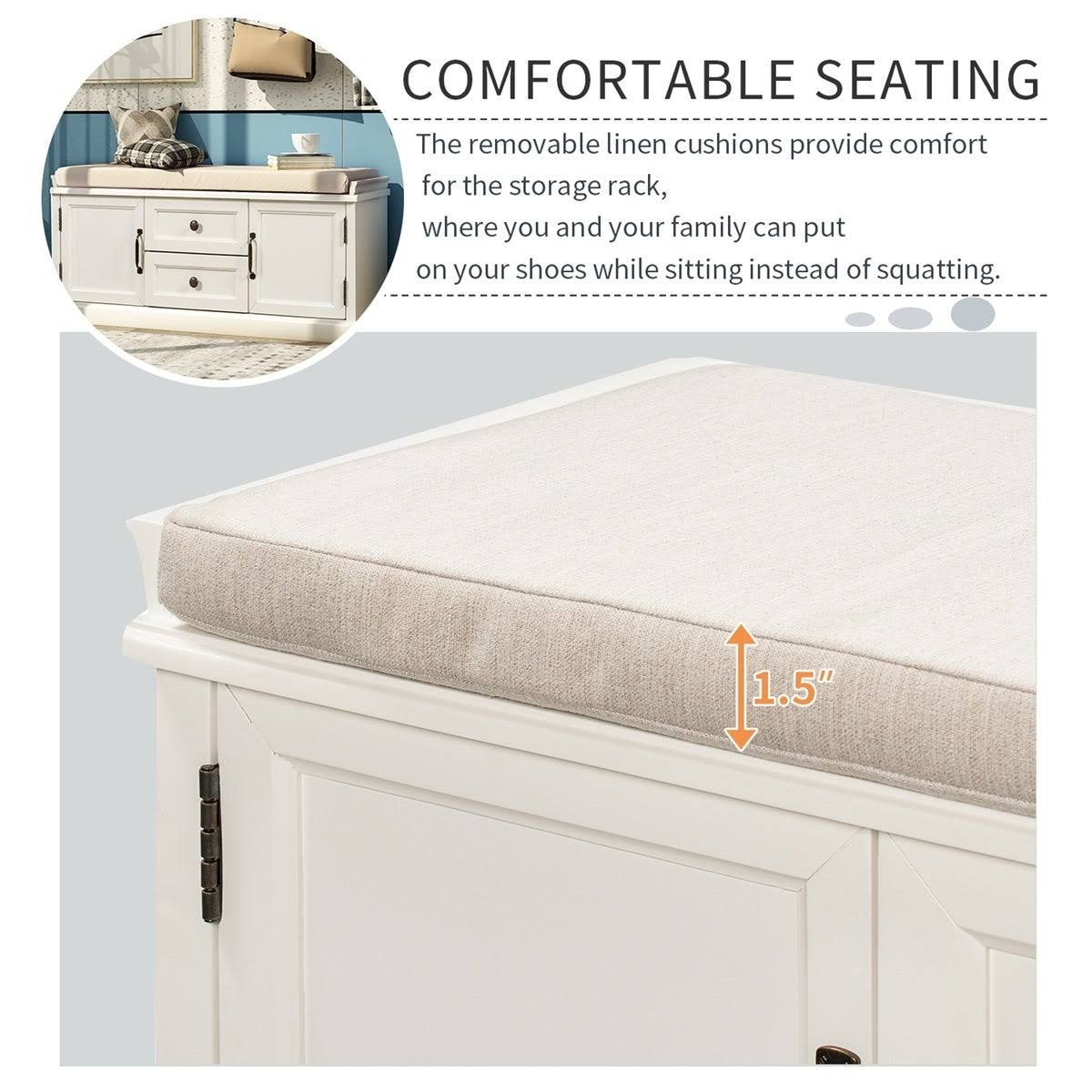 White Storage Bench with 2 Drawers and 2 Cabinets J3556
