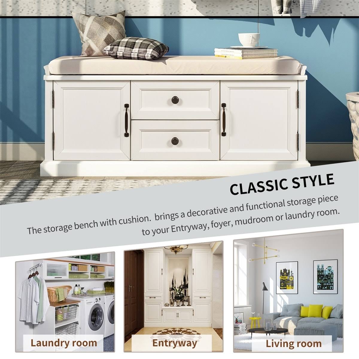 White Storage Bench with 2 Drawers and 2 Cabinets J3556