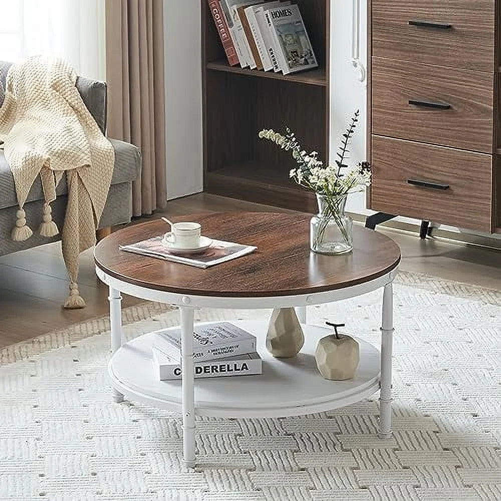 31.5" Rustic Oak White Round 2-Tier Wood Coffee Table Y612
