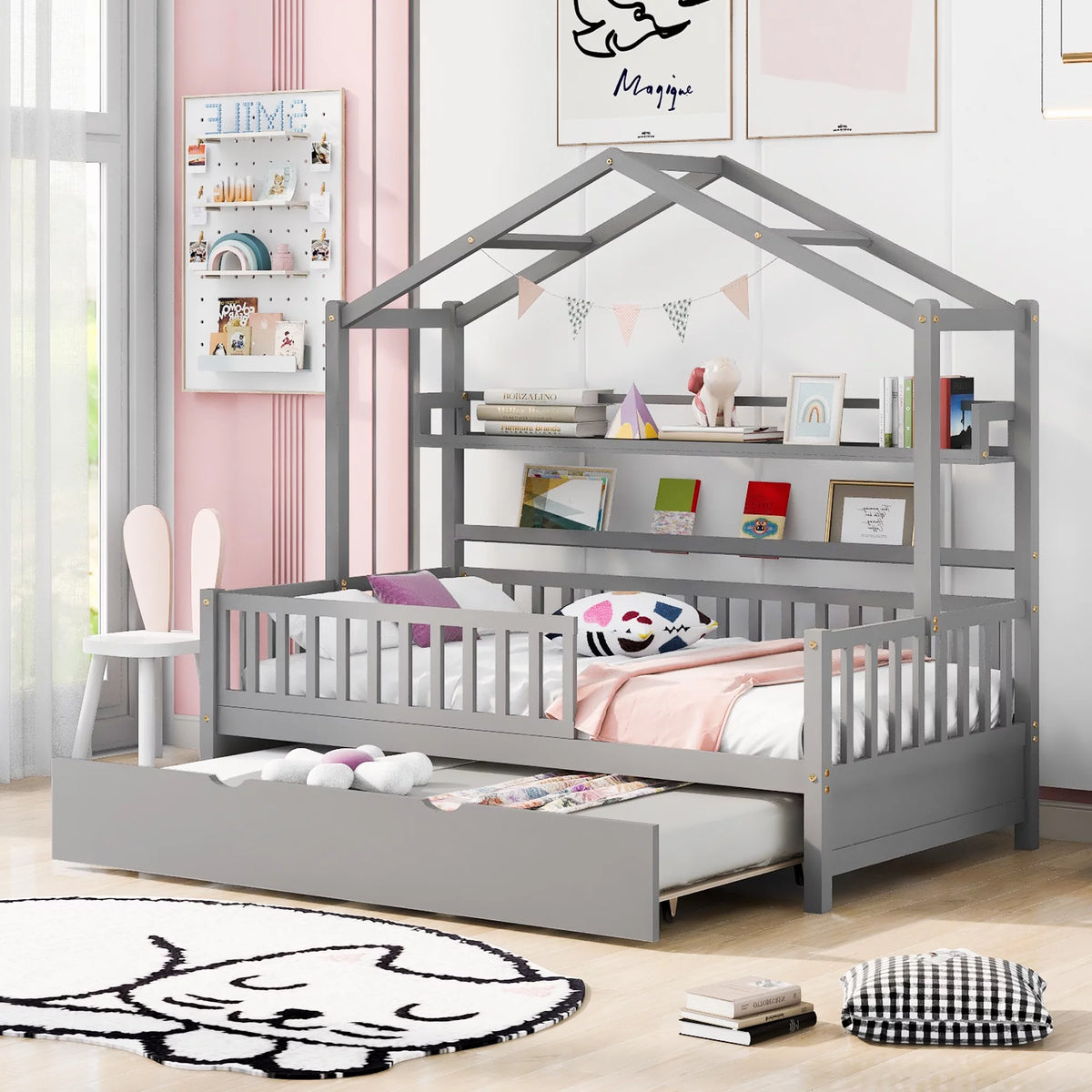 Wood Twin Size House Bed with Bookcase and Trundle Z89717