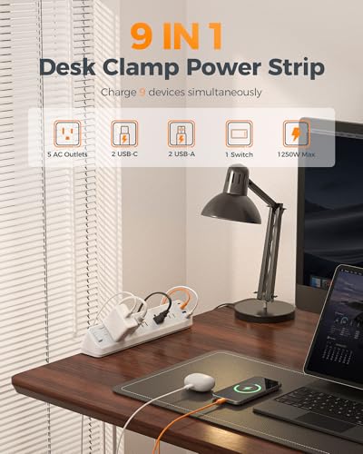 Desk Clamp Power Strip 10 Ft, 5 Outlets with 4 USB Ports U495