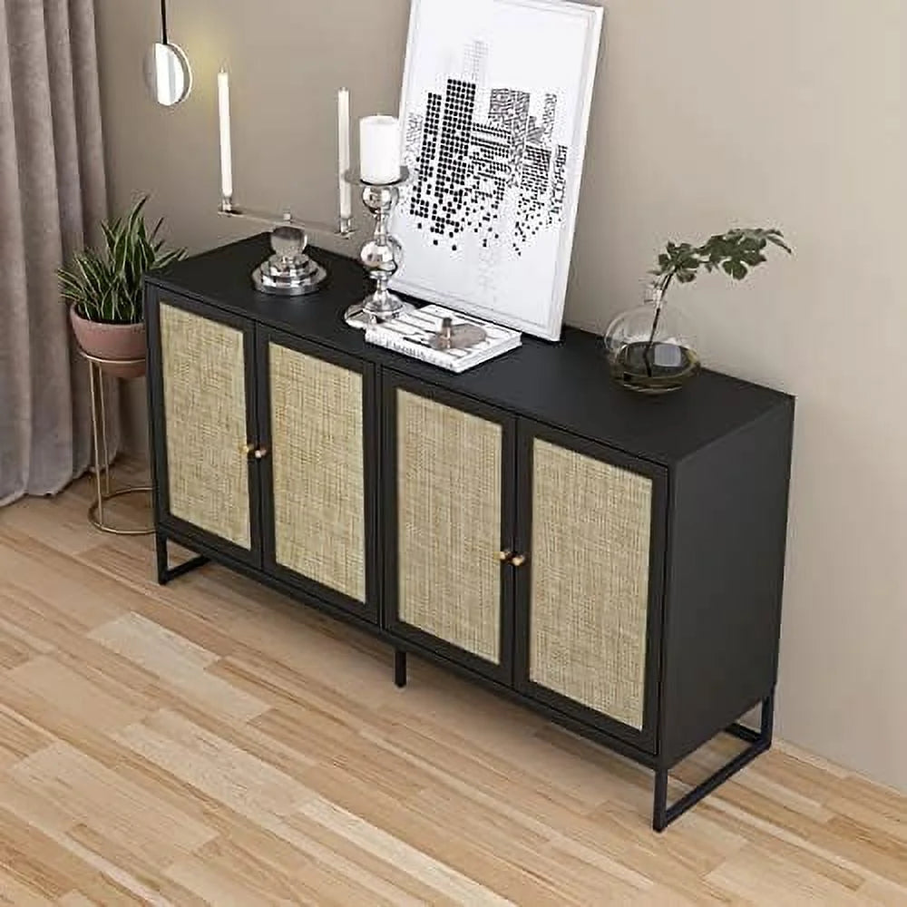 Black Rattan Sideboard Cabinet with Adjustable Shelves F509