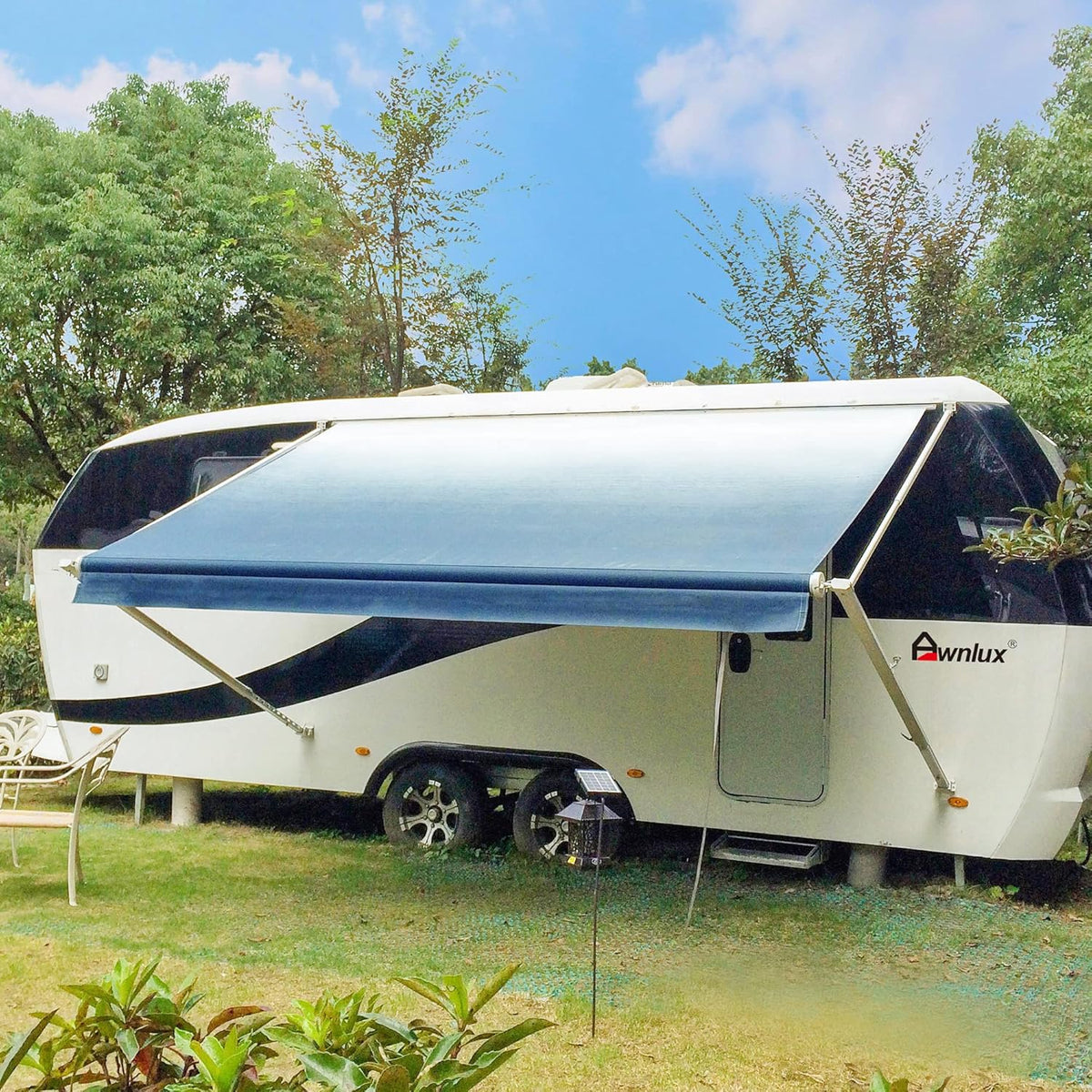White Manual Modular Retractable RV Awning Full Set Assemblies, 15x8 Ft, Blue Strip E574536