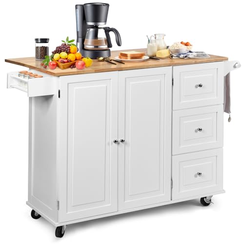 Kitchen Island with Stainless Steel Top, Rolling Kitchen Trolley Cart with Storage Cabinet, 3 Drawers, Towel & Spice Rack M979