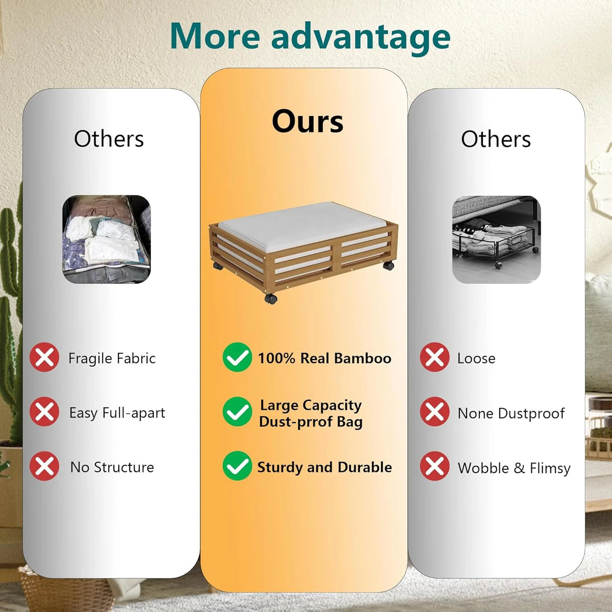 2 Pack Bamboo Under Bed Storage Containers with Wheels K314