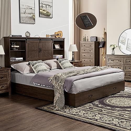 Full Size Wooden Platform Storage Bed with Bookcase Headboard and 2 Drawers R5254
