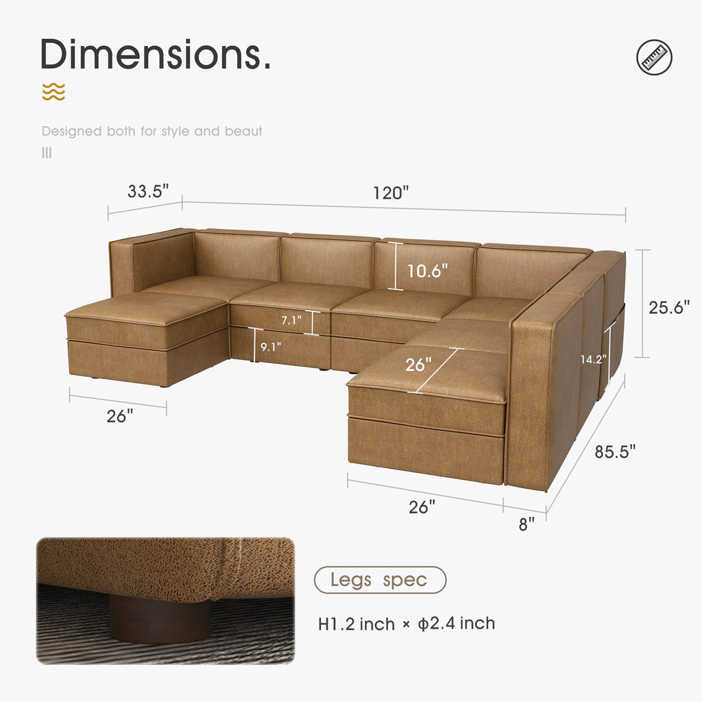 Caramel Brown U Shaped 7 Seaters Convertible Sectional Sofa Couch with Ottoman E2307