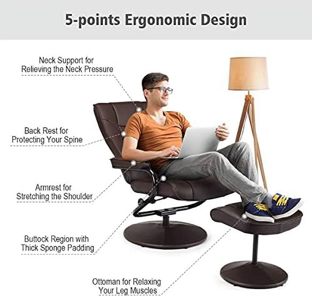 Brown PU Leather Swivel Recliner Chair with Footrest Ottoman Set H17891