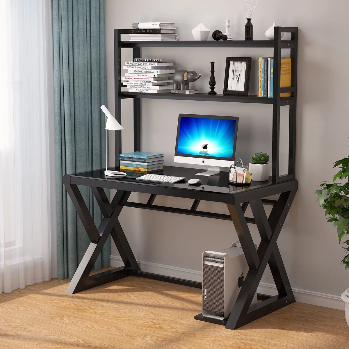 Tempered Glass Computer Desk with Hutch and Shelves H588