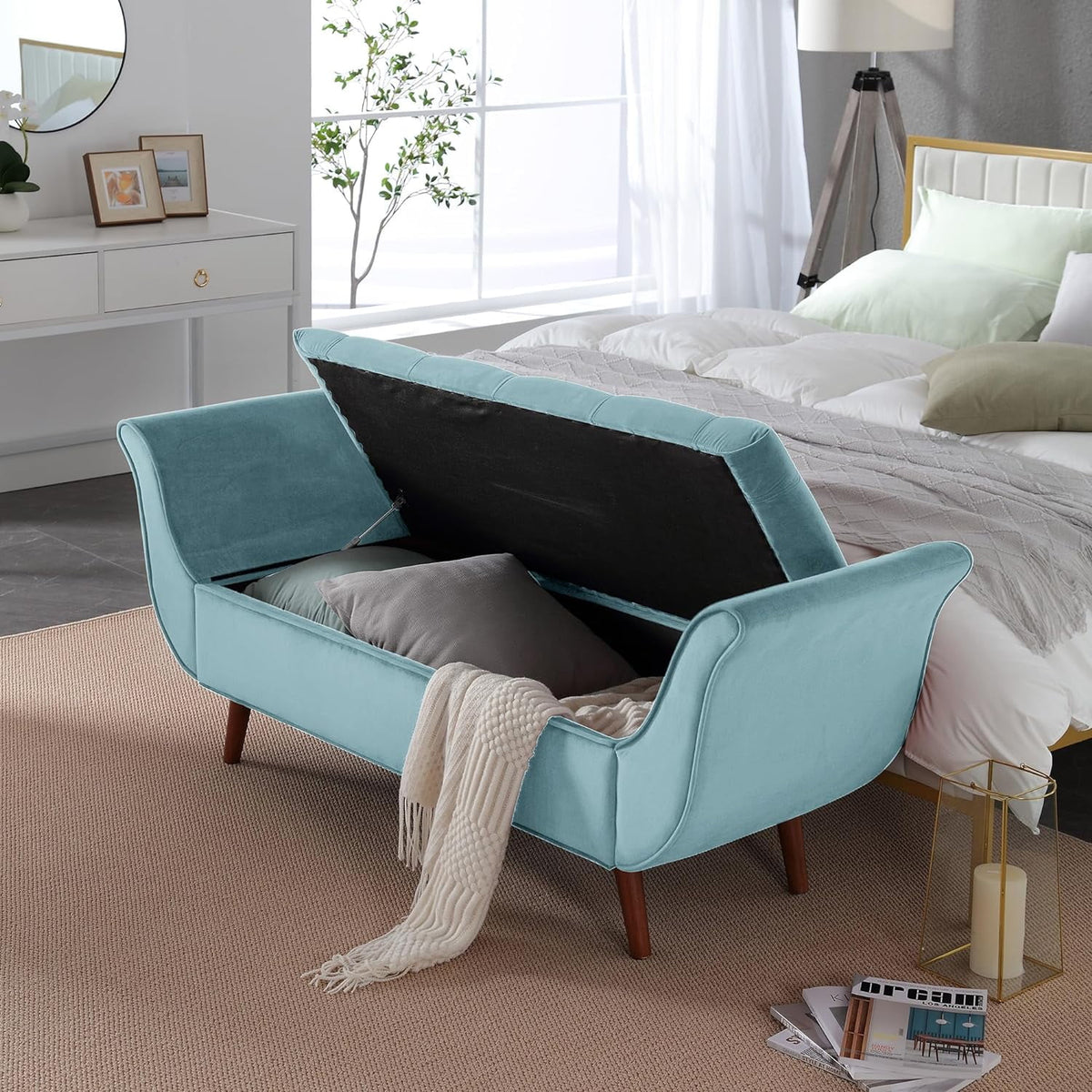 Velvet Upholstered Storage Bench with Solid Wood Legs D36524
