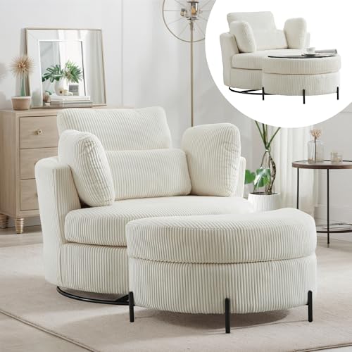 42.2" Oversized Chenille Beige Swivel Barrel Chair X466