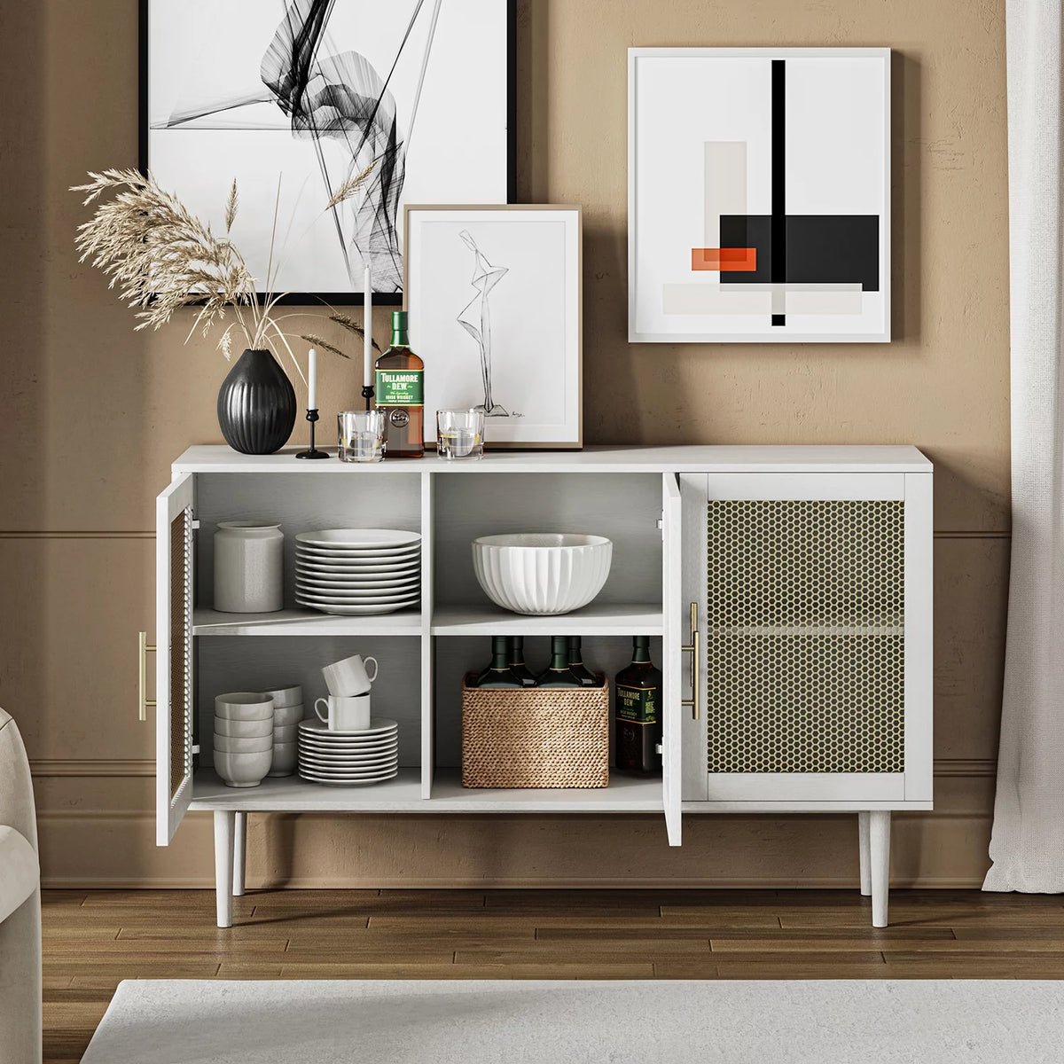 White Storage Cabinet with 2 Shelves and 3 Doors T205