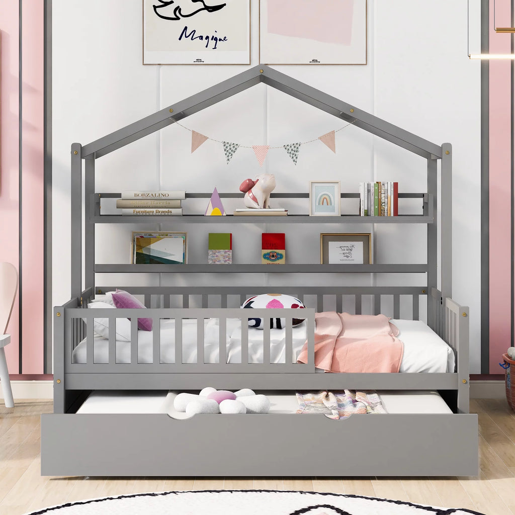 Wood Twin Size House Bed with Bookcase and Trundle Z89717