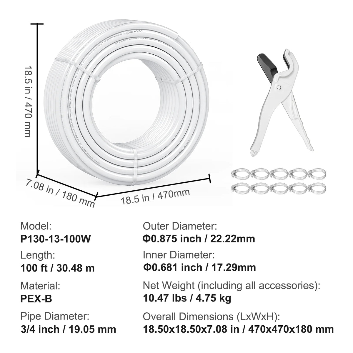 3/4” x 100ft White PEX-B Tubing with Pipe Cutter G322