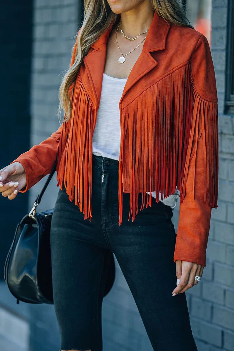 Solid Tassel Turndown Collar Outerwear S943