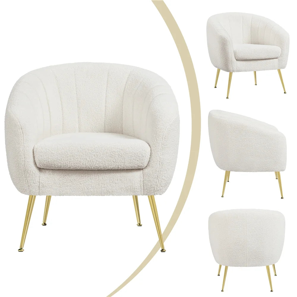 Ivory Tufted Boucle Barrel Accent Armchair with Gold Metal Legs A801713