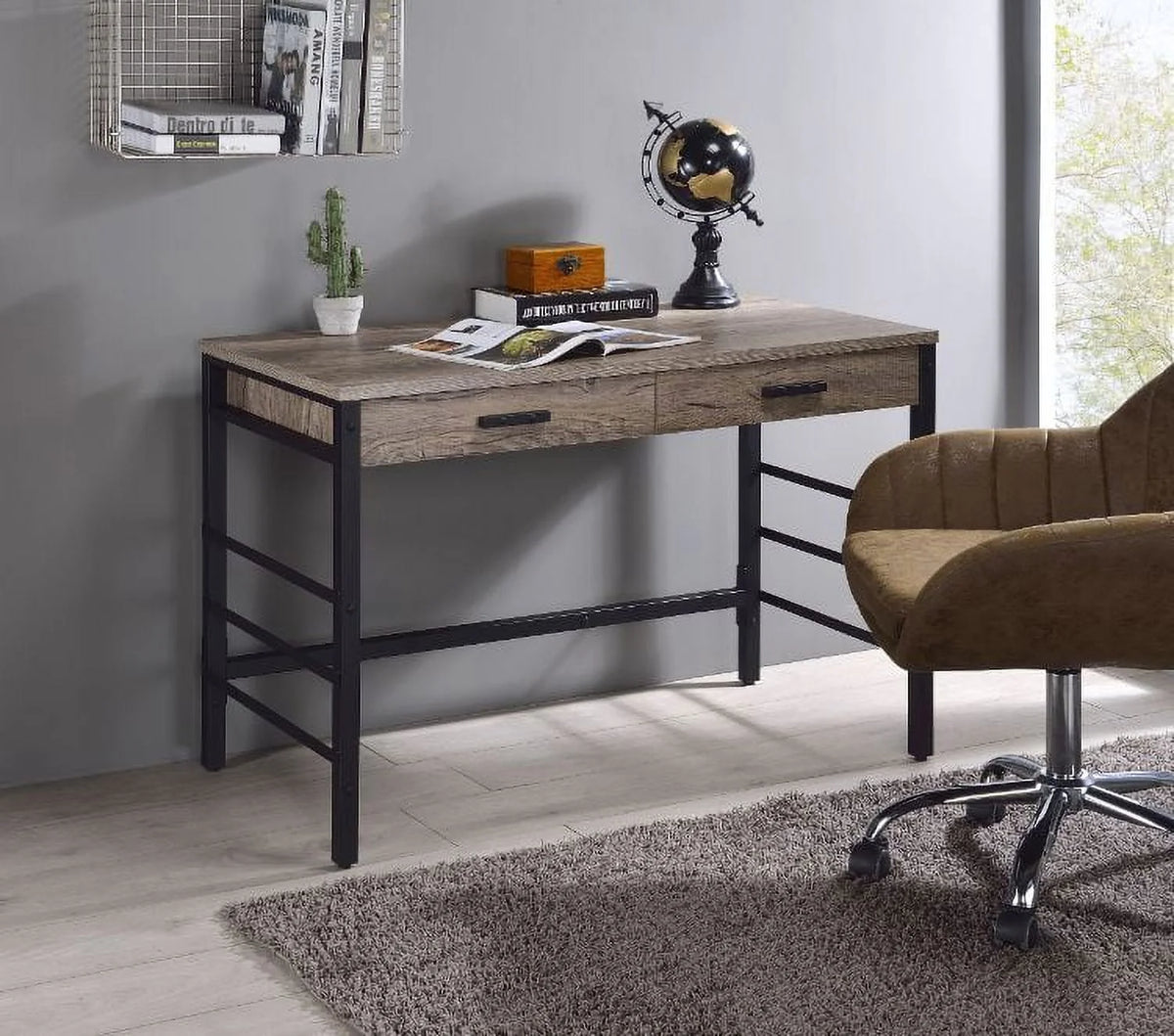 Light Weathered Oak Black Writing Desk S6031