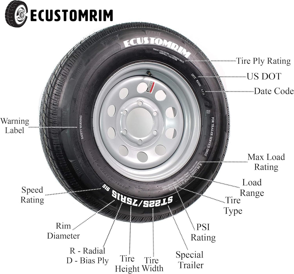 Radial Trailer Tire On Rim ST225/75R15 225/75-15 15 D 6 Lug Wheel Silver Modular L51690