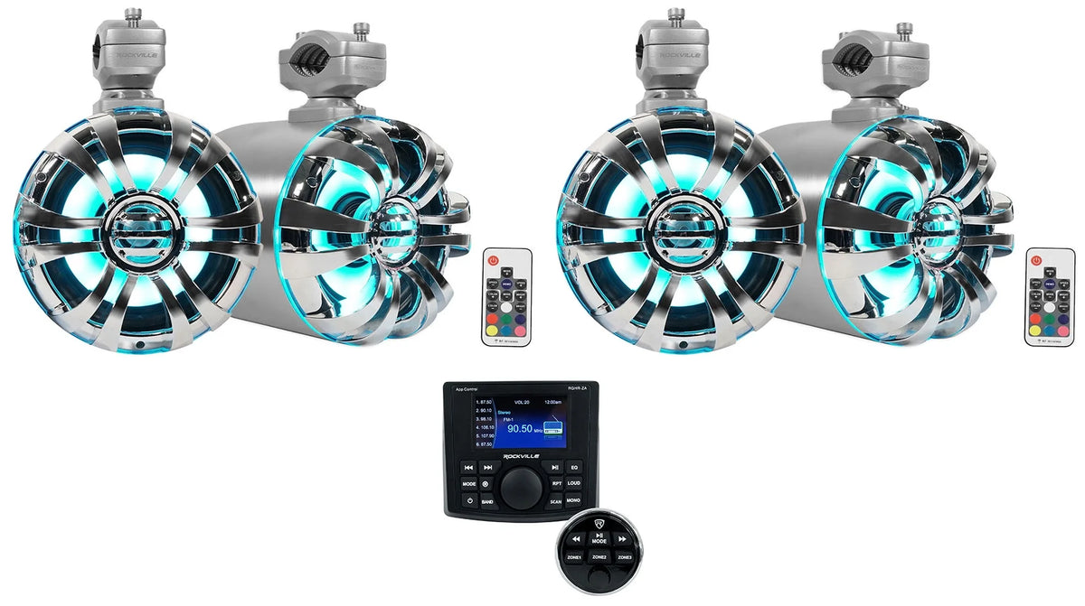 4 Zone Marine Bluetooth Stereo with 6.5" LED Wakeboard Speakers Q744