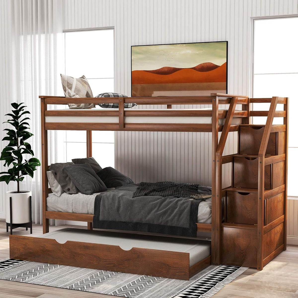 White Twin Over Twin/Full Bunk Bed with Storage Drawers D161