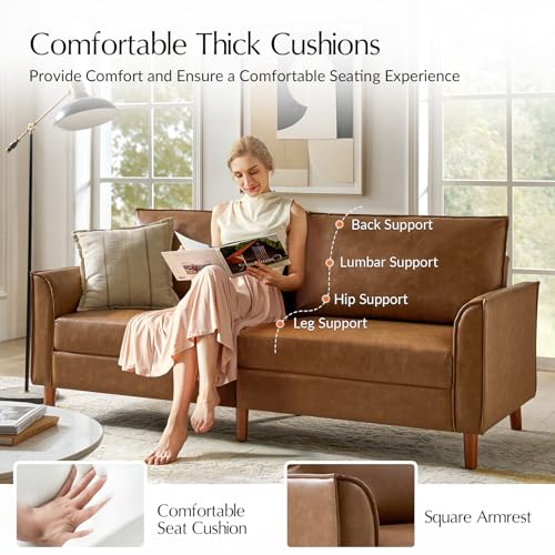 Brown Faux Leather 3-Seater Sofa with Solid Wood Legs S514