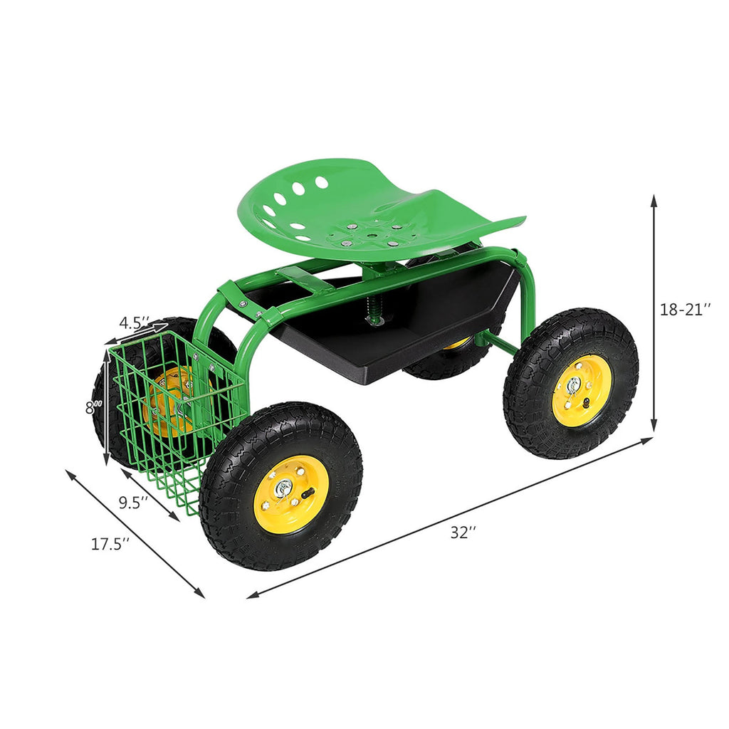 Green Garden Cart with Rolling Seat and Tool Tray P315298