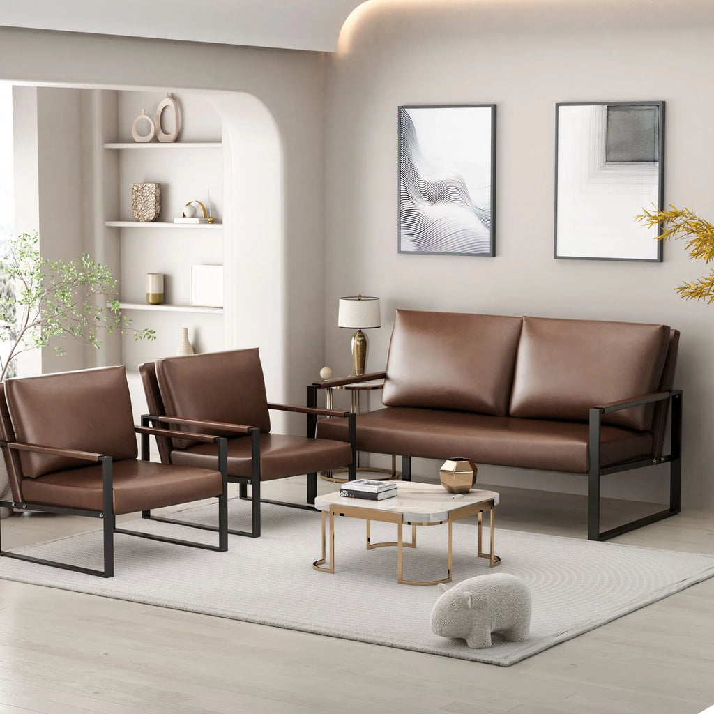 Gray 3-Piece PU Leather Sofa Set Including 2 Armchairs and 1 Loveseat P558329