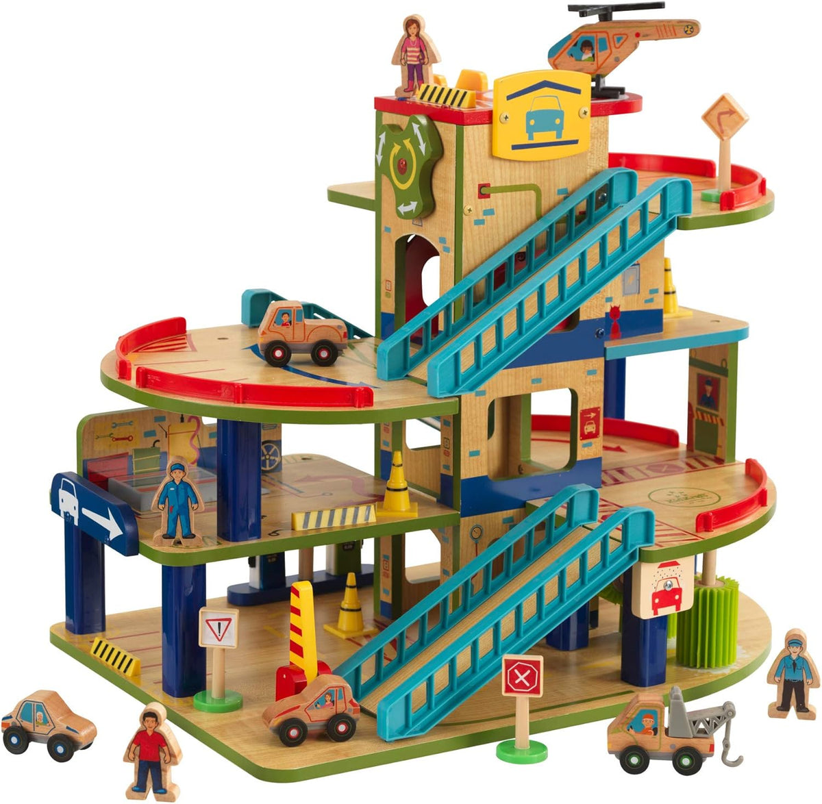 Wooden Car Garage Playset with 19-Piece Accessory Set and Moving Elevator Q263055