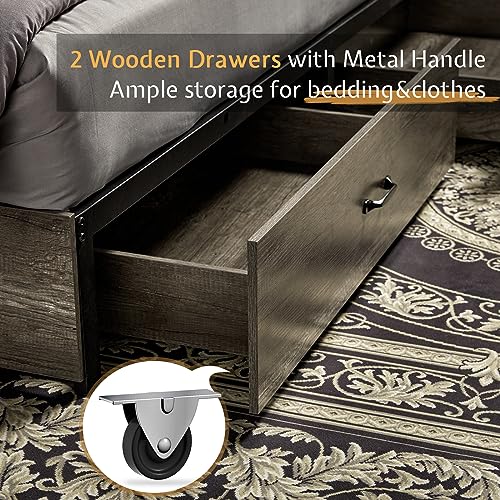 Full Size Wooden Platform Storage Bed with Bookcase Headboard and 2 Drawers R5254
