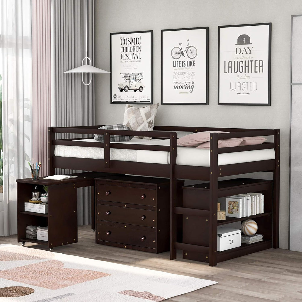 Twin Wood Loft Bed with Cabinet and Study Desk U205838