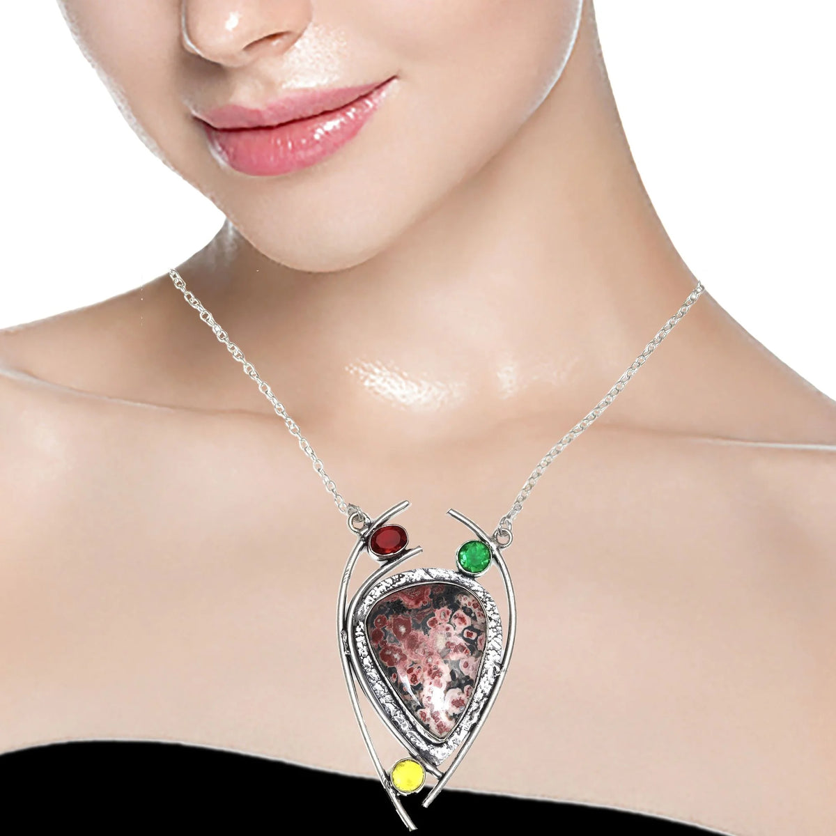 925 Silver Leopard Jasper Gemstone Necklace 20 in X178