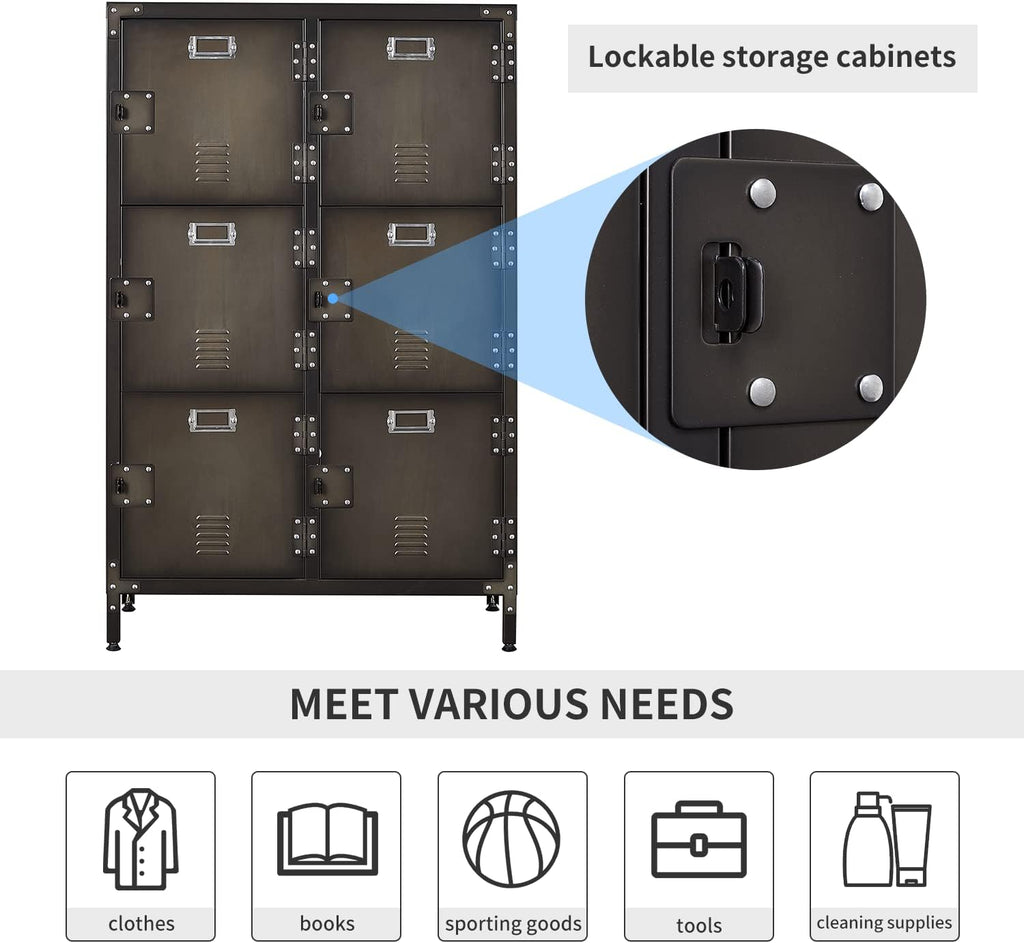 Metal Locker Storage Cabinet, 47.3” Steel Storage Cabinet with Shelves and 6 Lockable Doors G1158