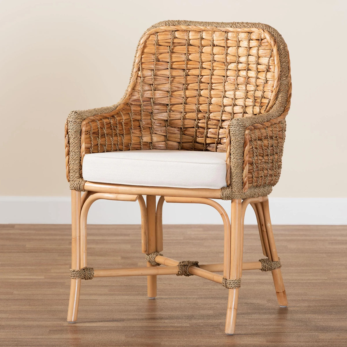 Natural Brown Woven Rattan Dining Arm Chair with Cushion U645