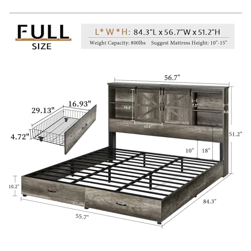 Full Size Wooden Platform Storage Bed with Bookcase Headboard and 2 Drawers R5254