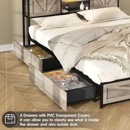 Queen Size Bed Frame with 4 Drawers LED Light, Wash Grey M11765