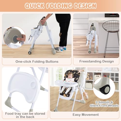 Light Gray Foldable Baby High Chair with Wheels E3704