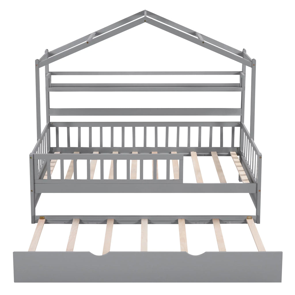 Wood Twin Size House Bed with Bookcase and Trundle Z89717