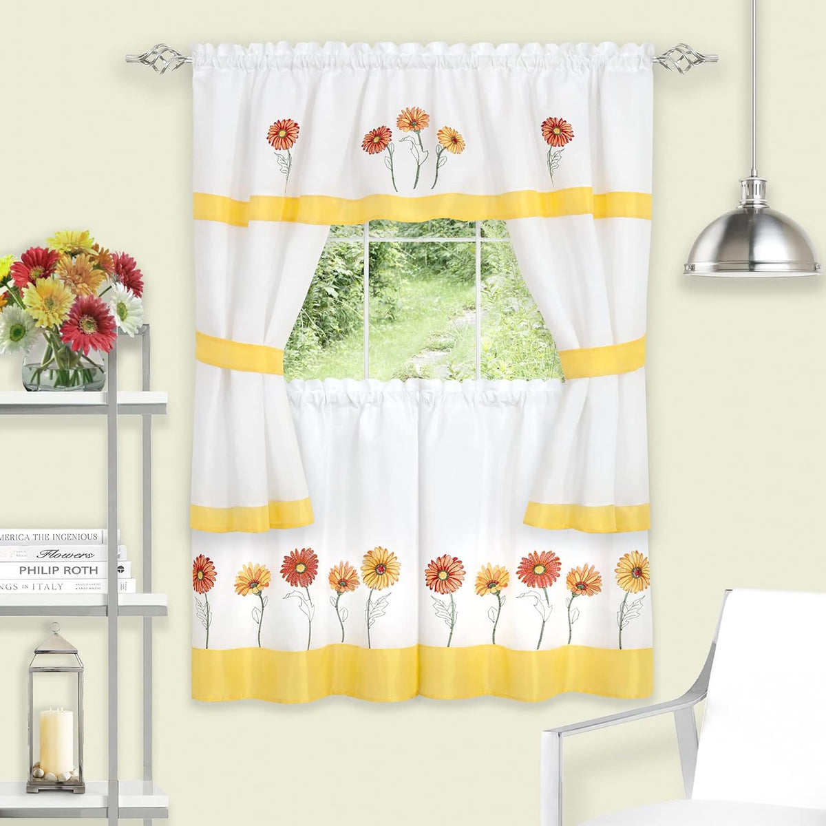 Embellished Cottage Window Curtain Set - 58 Inch Width, 36 Inch Length - Light Filtering Drapes K7056