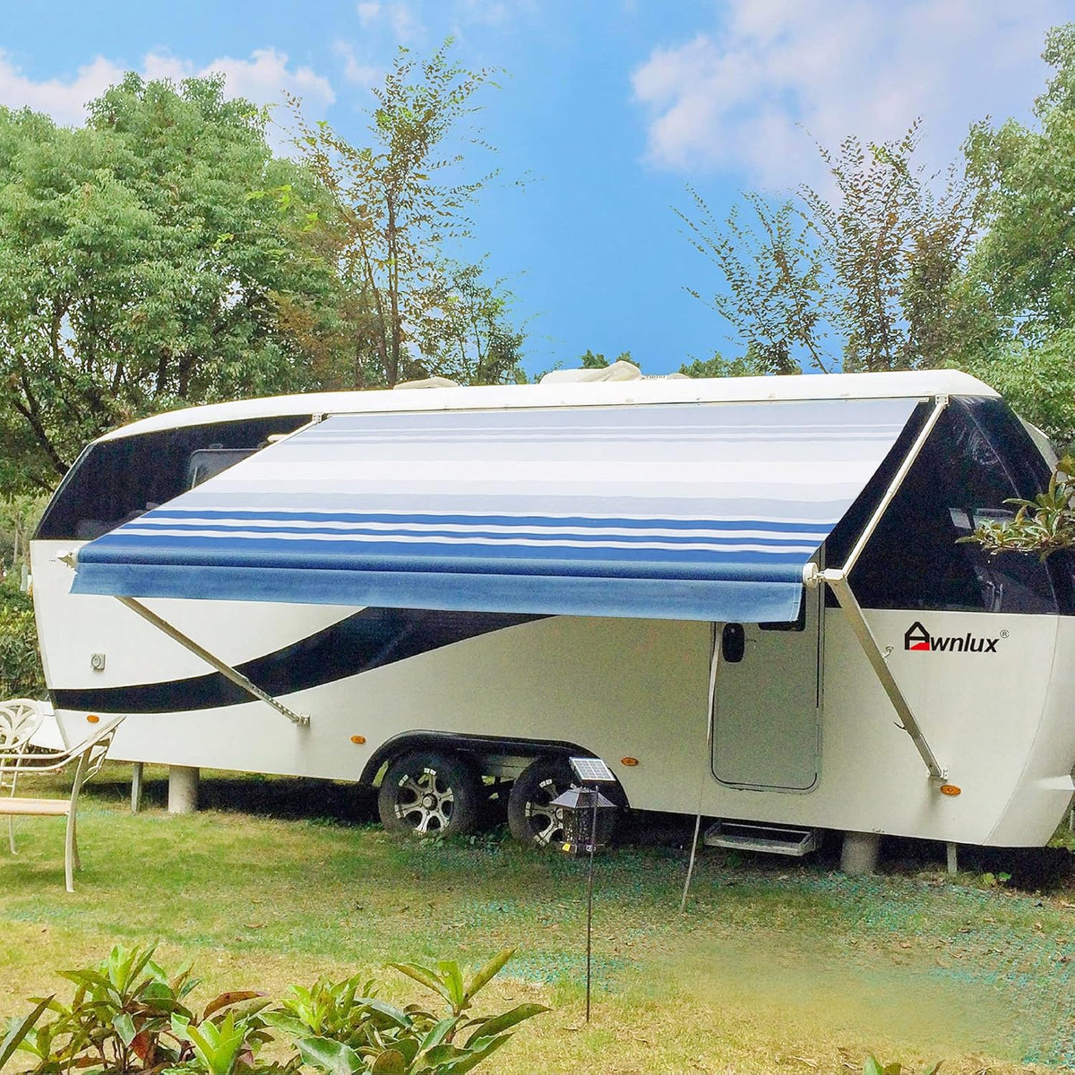 White Manual Modular Retractable RV Awning Full Set Assemblies, 15x8 Ft, Blue Strip E574536