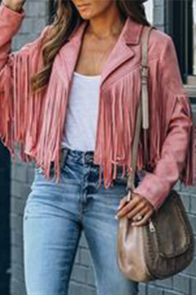 Solid Tassel Turndown Collar Outerwear S943