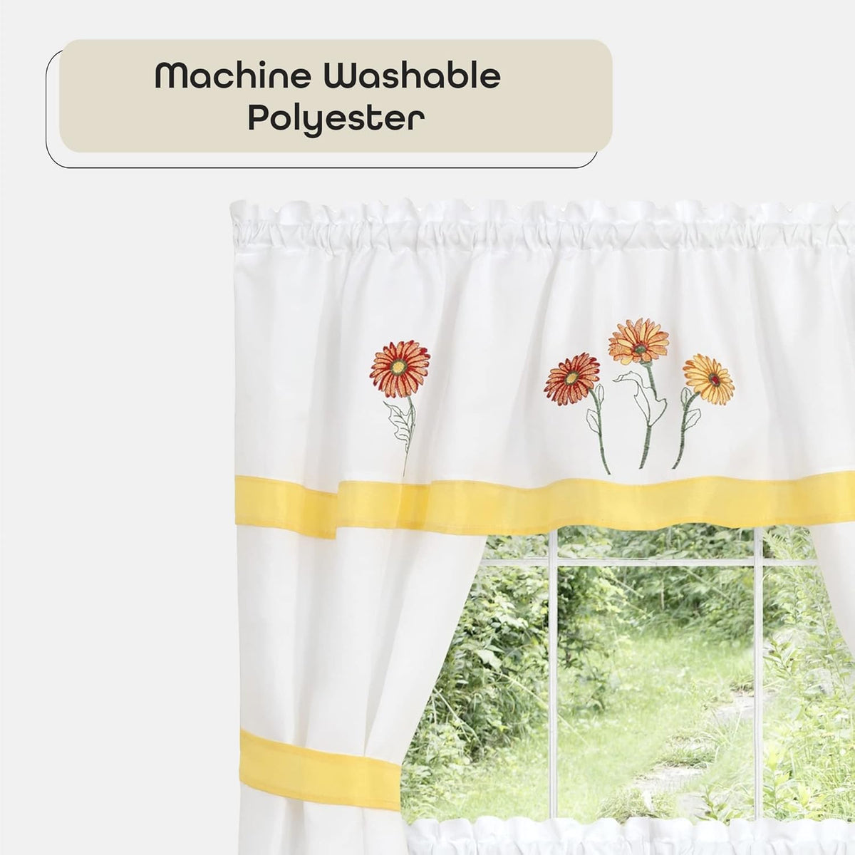 Embellished Cottage Window Curtain Set - 58 Inch Width, 36 Inch Length - Light Filtering Drapes K7056