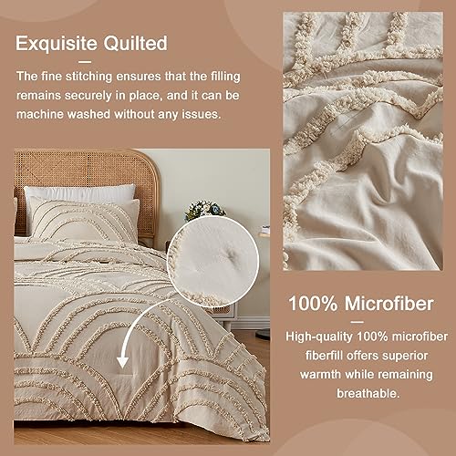 Twin XL Beige Tufted Rainbow Microfiber Comforter Set with 1 Pillowcase L235