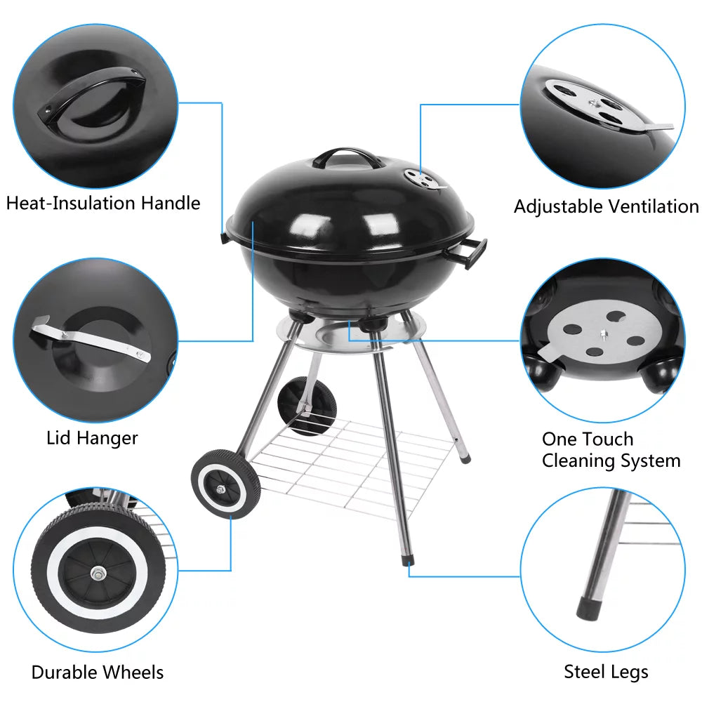 Portable Steel Charcoal Grill with 2 Wheels, 18-Inch, Black L492