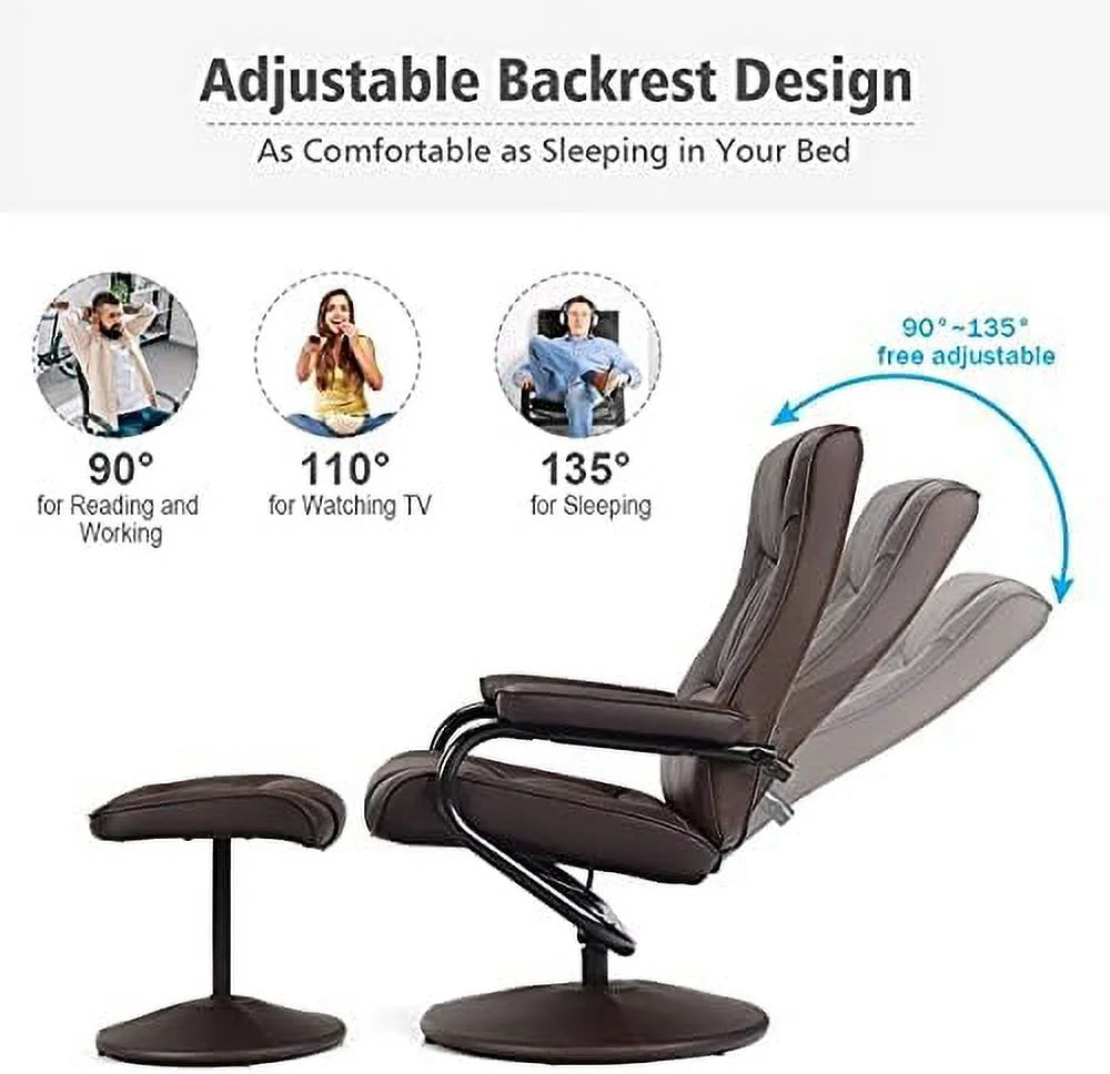 Brown PU Leather Swivel Recliner Chair with Footrest Ottoman Set H17891